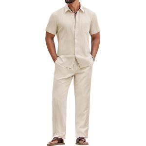 COOFANDY Mens 2 Piece Sets Summer Outfits Short Sleeve Button Down Shirt Loose Pant Sets Beach Vacation Outfits(Beige)