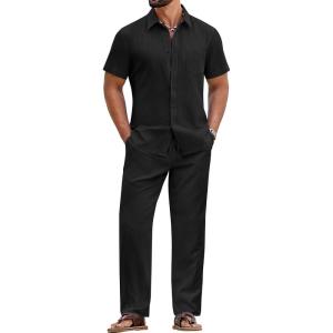 COOFANDY Mens 2 Piece Sets Summer Outfits Short Sleeve Button Down Shirt Loose Pant Sets Beach Vacation Outfits(Black)