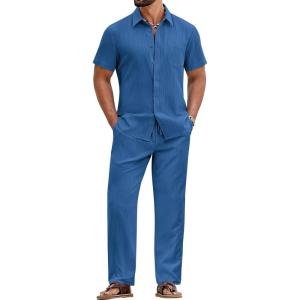 COOFANDY Mens 2 Piece Sets Summer Outfits Short Sleeve Button Down Shirt Loose Pant Sets Beach Vacation Outfits(Denim Blue)