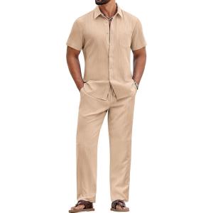COOFANDY Mens 2 Piece Sets Summer Outfits Short Sleeve Button Down Shirt Loose Pant Sets Beach Vacation Outfits(Light Khaki)