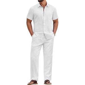 COOFANDY Mens 2 Piece Sets Summer Outfits Short Sleeve Button Down Shirt Loose Pant Sets Beach Vacation Outfits(White)