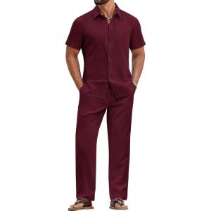 COOFANDY Mens 2 Piece Sets Summer Outfits Short Sleeve Button Down Shirt Loose Pant Sets Beach Vacation Outfits(Wine Red)