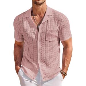 COOFANDY Men’s Knit Button Down Shirt Short Sleeve Vintage Polo Shirts Summer Casual Beach Tops(Dusty Pink)