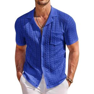 COOFANDY Men’s Knit Button Down Shirt Short Sleeve Vintage Polo Shirts Summer Casual Beach Tops(Sky Blue)