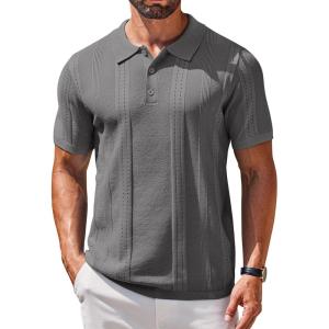 COOFANDY Mens Knit Polo Shirts Short Sleeve Textured Button Down Polo Shirt Cuban Guayabera Summer Beach Shirts(Dark Grey)