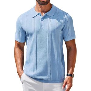 COOFANDY Mens Knit Polo Shirts Short Sleeve Textured Button Down Polo Shirt Cuban Guayabera Summer Beach Shirts(Light Blue)