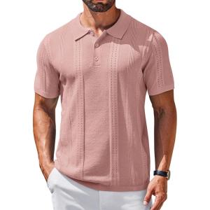 COOFANDY Mens Knit Polo Shirts Short Sleeve Textured Button Down Polo Shirt Cuban Guayabera Summer Beach Shirts(Pink)