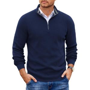 COOFANDY Mens Quarter Zip Pullover Slim Fit Lightweight Sweater Casual Mock Neck Knit Polo Sweater(Navy)
