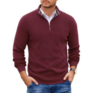 COOFANDY Mens Quarter Zip Pullover Slim Fit Lightweight Sweater Casual Mock Neck Knit Polo Sweater(Red)
