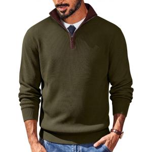 COOFANDY Mens Quarter Zip Sweater Slim Fit Mock Neck Pullover Casual Knitted Ribbed Polo Sweaters(Army Green)