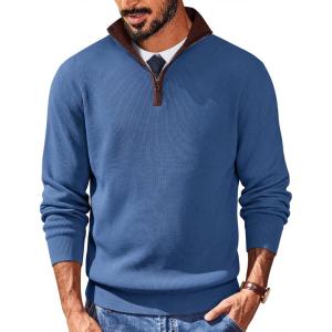 COOFANDY Mens Quarter Zip Sweater Slim Fit Mock Neck Pullover Casual Knitted Ribbed Polo Sweaters(Blue)