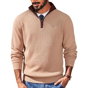COOFANDY Mens Quarter Zip Sweater Slim Fit Mock Neck Pullover Casual Knitted Ribbed Polo Sweaters(Camel)