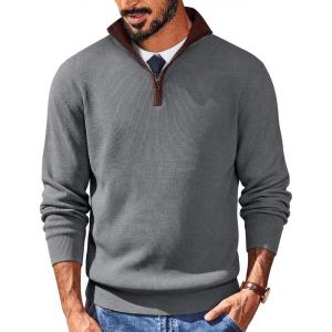 COOFANDY Mens Quarter Zip Sweater Slim Fit Mock Neck Pullover Casual Knitted Ribbed Polo Sweaters(Dark Gray)