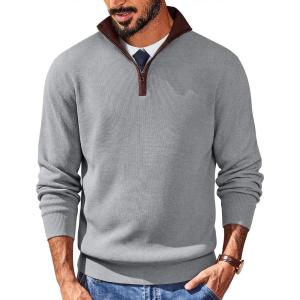 COOFANDY Mens Quarter Zip Sweater Slim Fit Mock Neck Pullover Casual Knitted Ribbed Polo Sweaters(Light Grey)