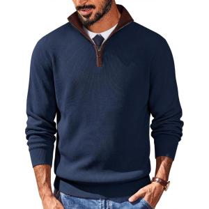 COOFANDY Mens Quarter Zip Sweater Slim Fit Mock Neck Pullover Casual Knitted Ribbed Polo Sweaters(Navy Blue)