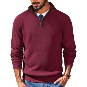 COOFANDY Mens Quarter Zip Sweater Slim Fit Mock Neck Pullover Casual Knitted Ribbed Polo Sweaters(Wine Red)