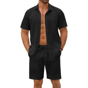 COOFANDY Men’s Summer Beach Outfits 2 Piece Short Sets Shirts and Shorts Vacation Texture Linen Sets for Men(Black)