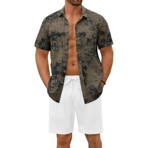 COOFANDY Men’s Summer Beach Outfits 2 Piece Short Sets Shirts and Shorts Vacation Texture Linen Sets for Men(Green-white)