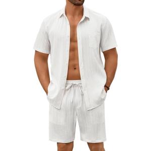 COOFANDY Men’s Summer Beach Outfits 2 Piece Short Sets Shirts and Shorts Vacation Texture Linen Sets for Men(White)