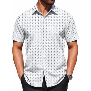 COOFANDY Mens Wrinkle Free Dress Shirt Polka Dot Short Sleeve Button Down Business Casual Shirts(White-blue Plus Sign)