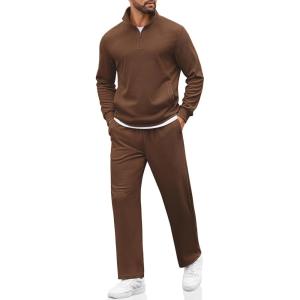 COOFANDY Men’s Sweatsuits 2 Piece Set Quarter Zip Pullover with Wide Leg Sweatpants Matching Tracksuit(Brown)