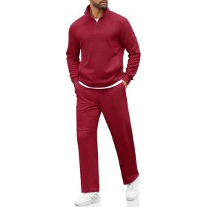 COOFANDY Men’s Sweatsuits 2 Piece Set Quarter Zip Pullover with Wide Leg Sweatpants Matching Tracksuit(Deep Red)
