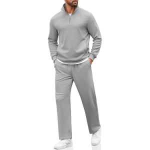 COOFANDY Men’s Sweatsuits 2 Piece Set Quarter Zip Pullover with Wide Leg Sweatpants Matching Tracksuit(Light Grey)