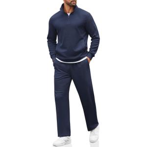 COOFANDY Men’s Sweatsuits 2 Piece Set Quarter Zip Pullover with Wide Leg Sweatpants Matching Tracksuit(Navy)