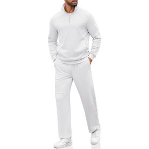 COOFANDY Men’s Sweatsuits 2 Piece Set Quarter Zip Pullover with Wide Leg Sweatpants Matching Tracksuit(White)