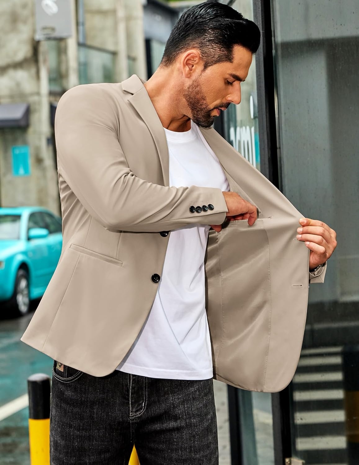 imageCOOFANDY Mens Sport Coat Casual Slim Fit Blazer Jacket Lightweight Two Button Suit JacketsKhaki
