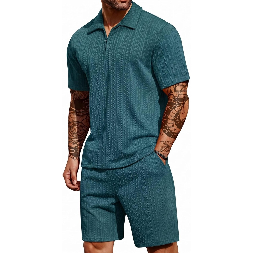 imageCOOFANDY Mens 2 Pieces Outfits Casual Quarter Zip Polo Shirt and Shorts Set Athletic Jogging Summer TracksuitLake Blue