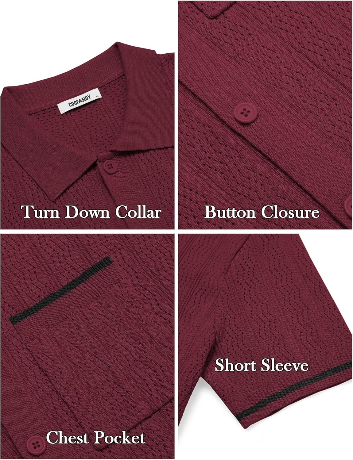 imageCOOFANDY Mens Knit Button Down Shirt 2025 Vintage Short Sleeve Polo Shirt Casual Beach TopsWine Red