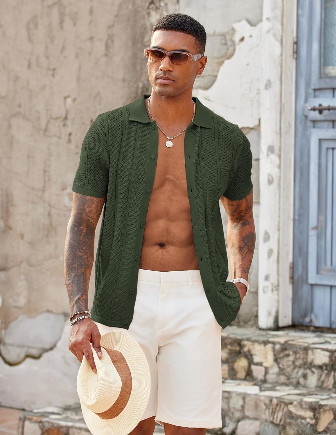 imageCOOFANDY Mens Knit Button Down Shirts Casual Textured Polo Shirt Short Sleeve Vintage Summer Beach TopsArmy Green