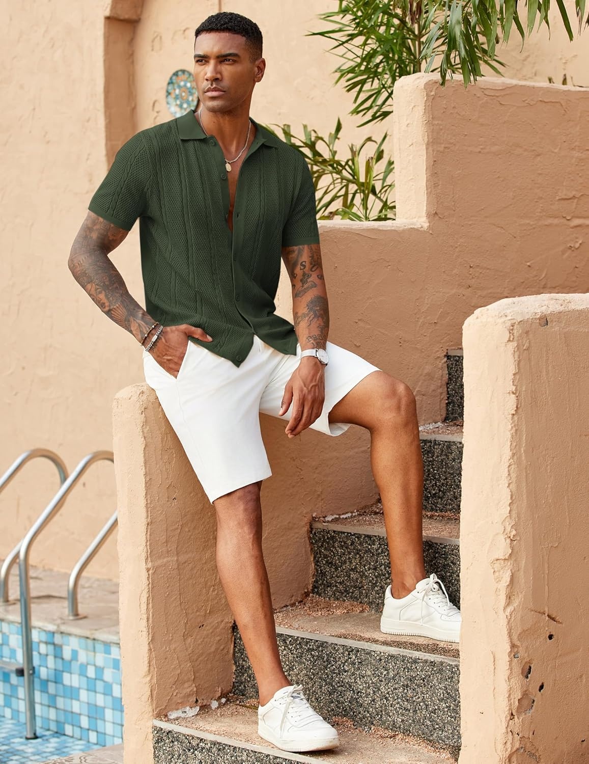 imageCOOFANDY Mens Knit Button Down Shirts Casual Textured Polo Shirt Short Sleeve Vintage Summer Beach TopsArmy Green