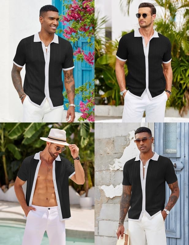 imageCOOFANDY Mens Knit Button Down Shirts Casual Textured Polo Shirt Short Sleeve Vintage Summer Beach TopsBlack White