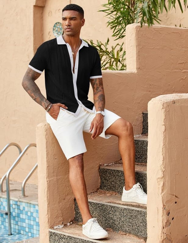 imageCOOFANDY Mens Knit Button Down Shirts Casual Textured Polo Shirt Short Sleeve Vintage Summer Beach TopsBlack White