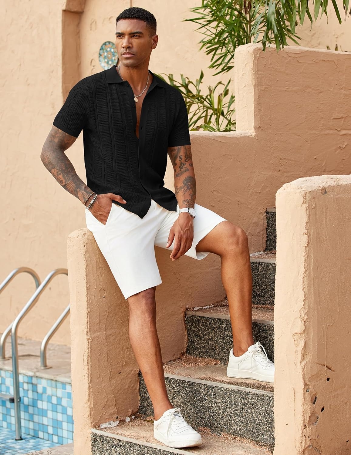 imageCOOFANDY Mens Knit Button Down Shirts Casual Textured Polo Shirt Short Sleeve Vintage Summer Beach TopsBlack