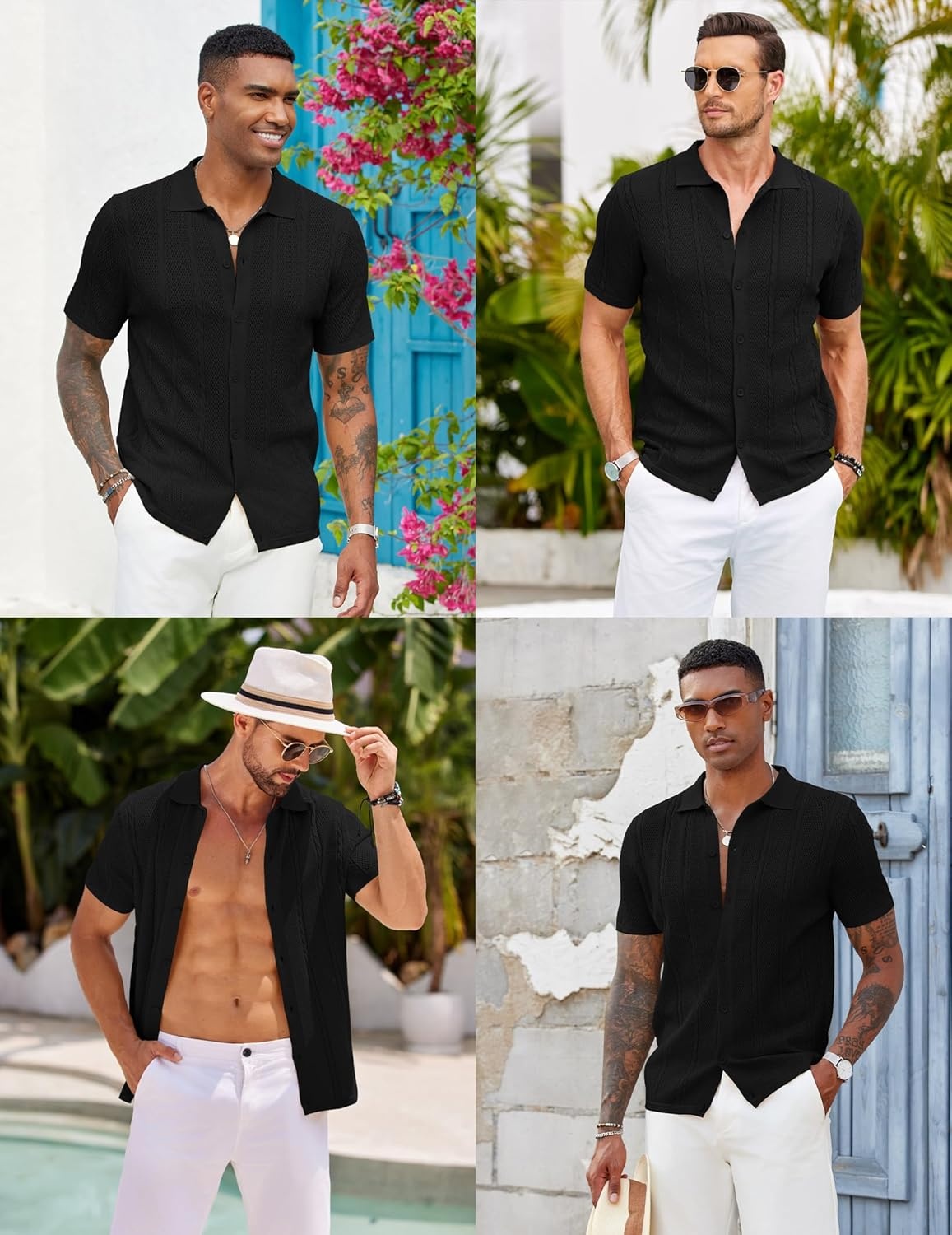 imageCOOFANDY Mens Knit Button Down Shirts Casual Textured Polo Shirt Short Sleeve Vintage Summer Beach TopsBlack