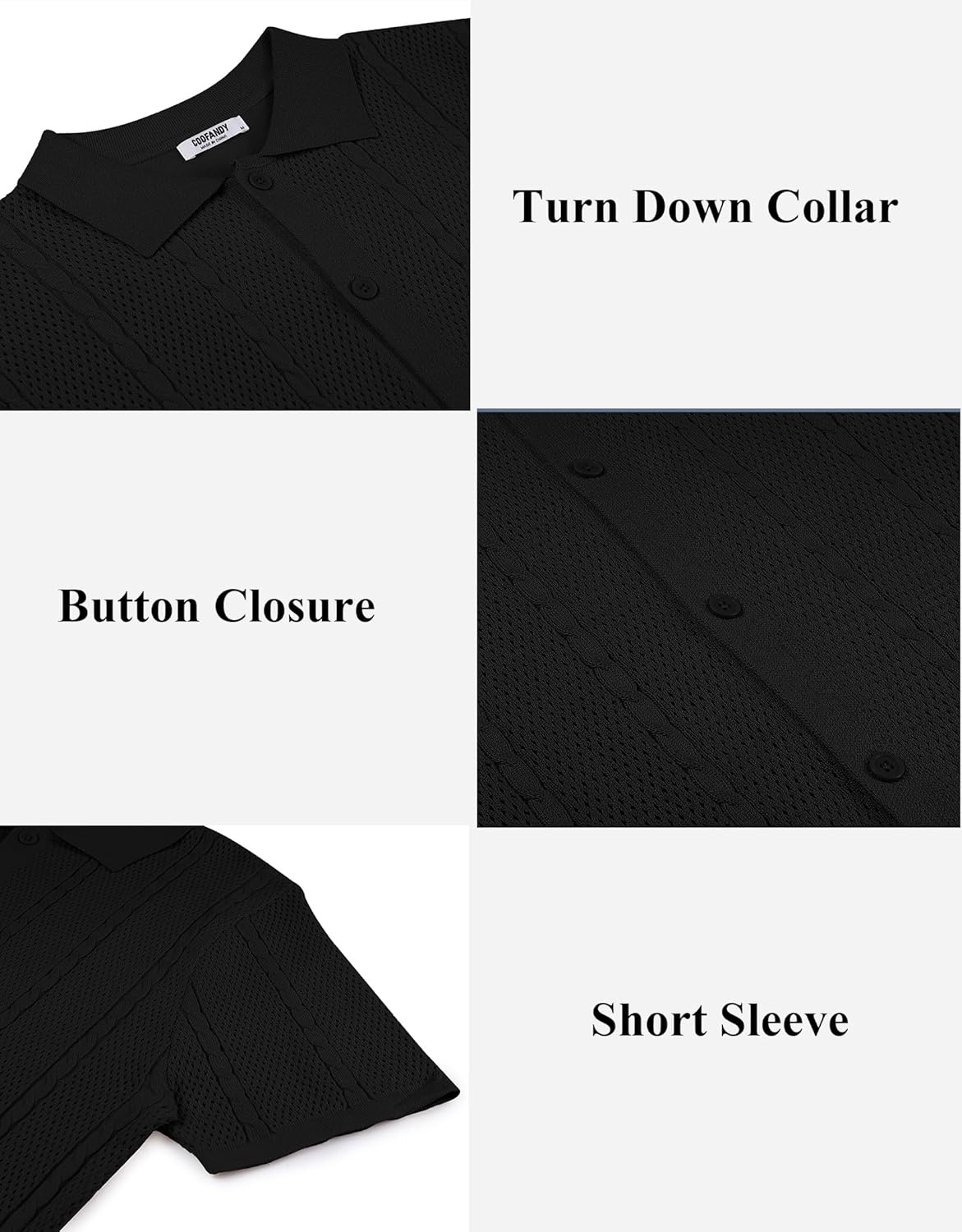 imageCOOFANDY Mens Knit Button Down Shirts Casual Textured Polo Shirt Short Sleeve Vintage Summer Beach TopsBlack