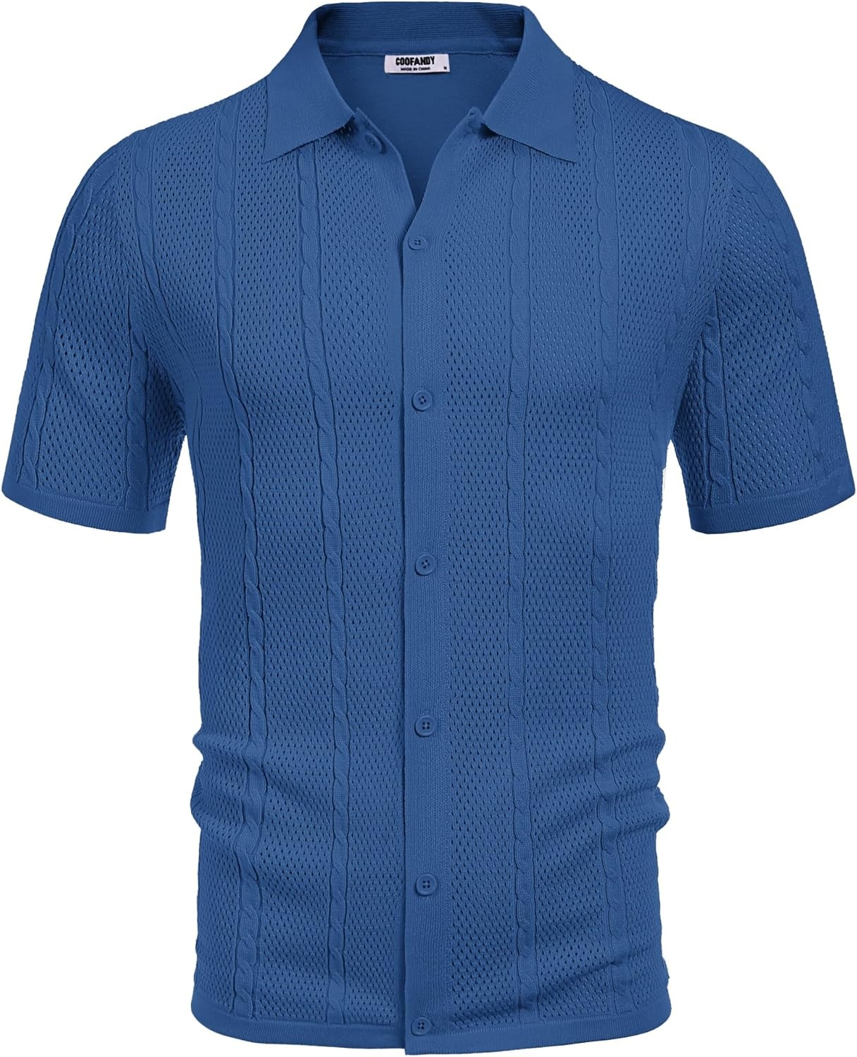 imageCOOFANDY Mens Knit Button Down Shirts Casual Textured Polo Shirt Short Sleeve Vintage Summer Beach TopsDeep Blue