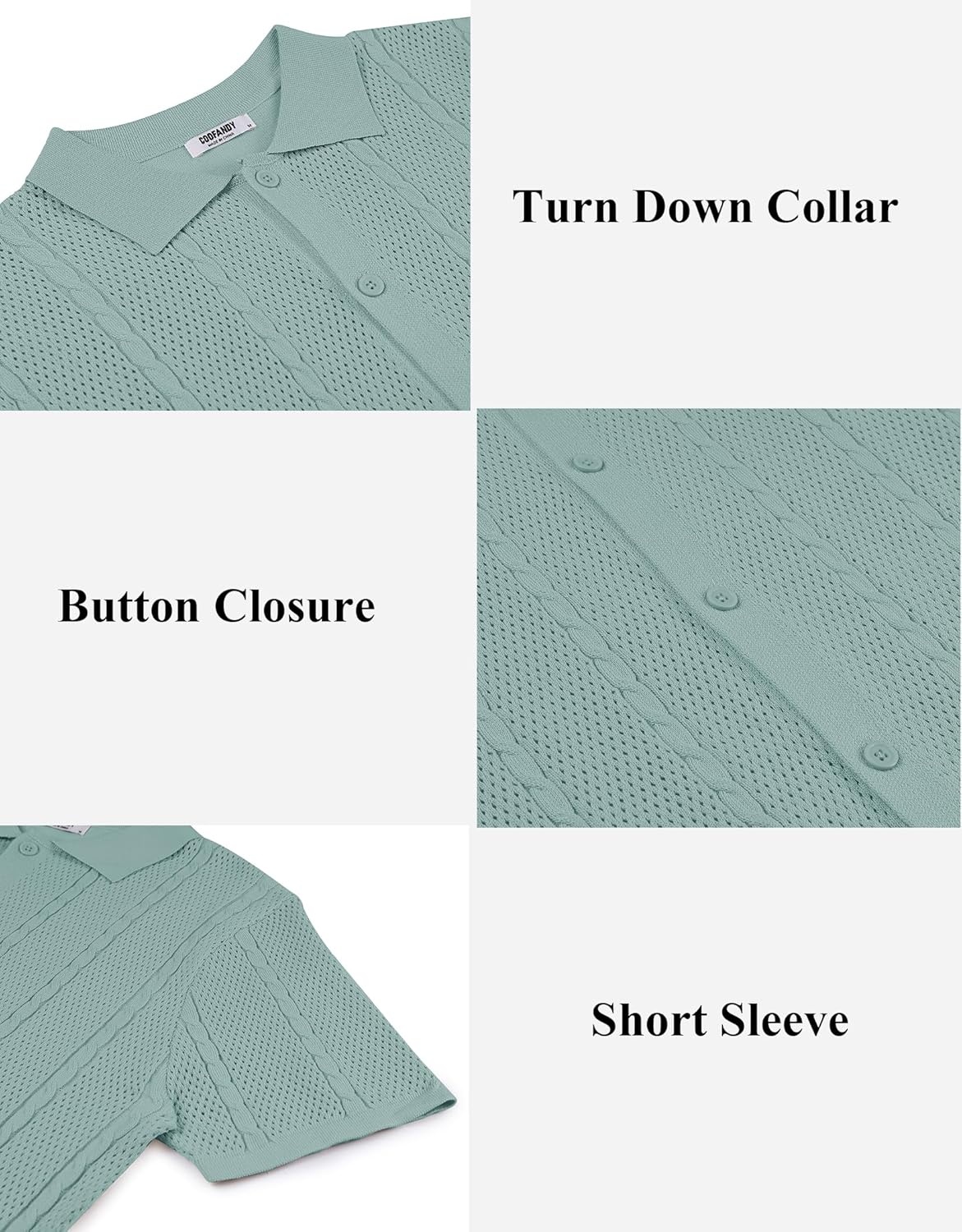 imageCOOFANDY Mens Knit Button Down Shirts Casual Textured Polo Shirt Short Sleeve Vintage Summer Beach TopsIce Green