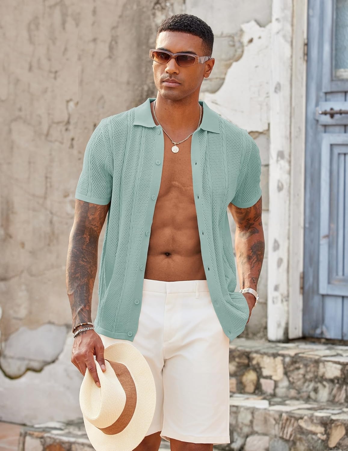 imageCOOFANDY Mens Knit Button Down Shirts Casual Textured Polo Shirt Short Sleeve Vintage Summer Beach TopsIce Green