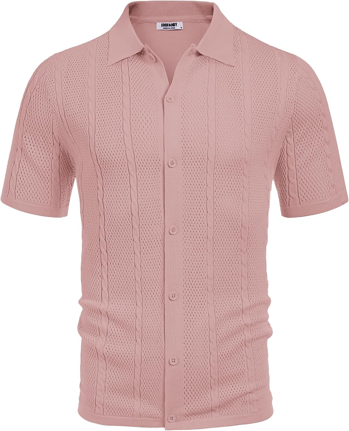 imageCOOFANDY Mens Knit Button Down Shirts Casual Textured Polo Shirt Short Sleeve Vintage Summer Beach TopsLight Pink