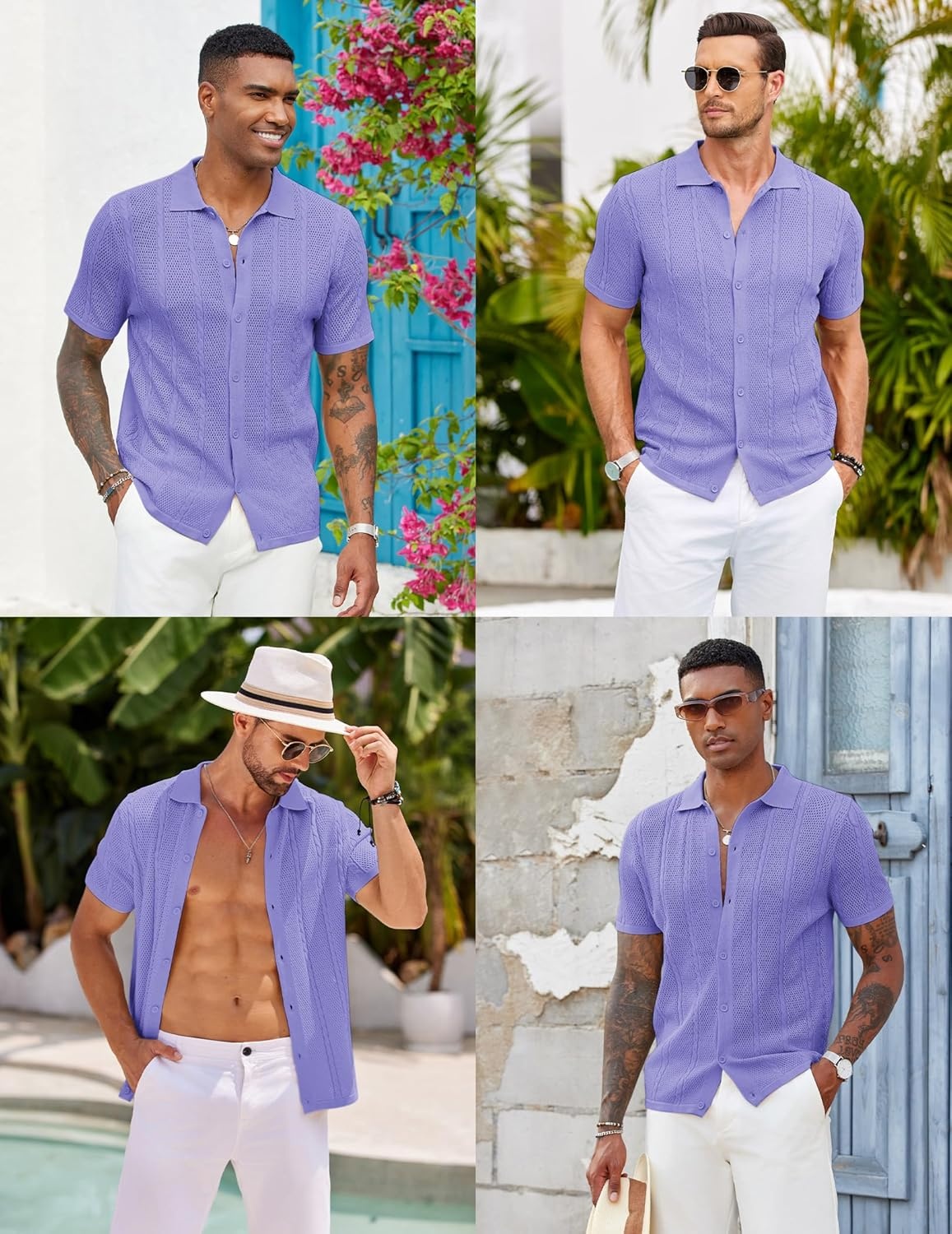 imageCOOFANDY Mens Knit Button Down Shirts Casual Textured Polo Shirt Short Sleeve Vintage Summer Beach TopsLight Purple