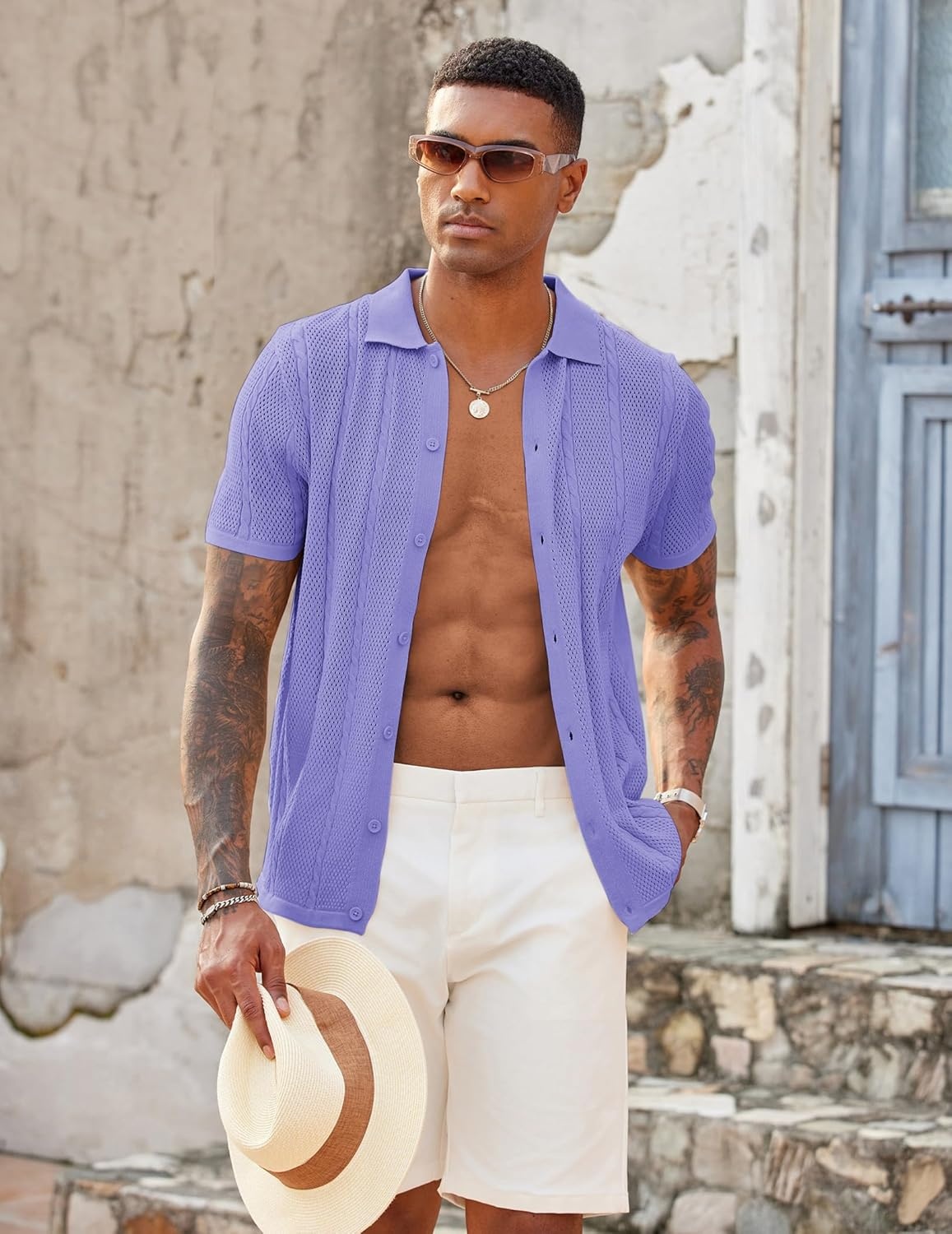 imageCOOFANDY Mens Knit Button Down Shirts Casual Textured Polo Shirt Short Sleeve Vintage Summer Beach TopsLight Purple