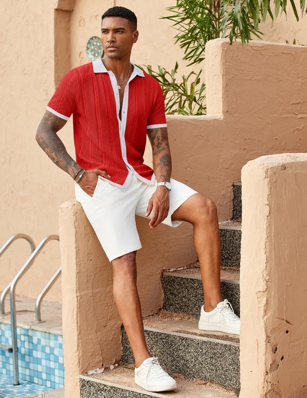 imageCOOFANDY Mens Knit Button Down Shirts Casual Textured Polo Shirt Short Sleeve Vintage Summer Beach TopsRed White