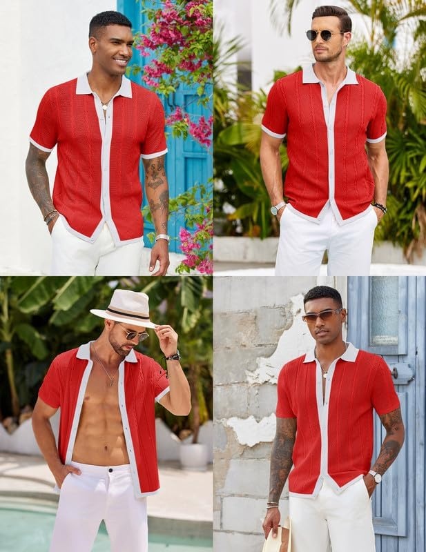 imageCOOFANDY Mens Knit Button Down Shirts Casual Textured Polo Shirt Short Sleeve Vintage Summer Beach TopsRed White