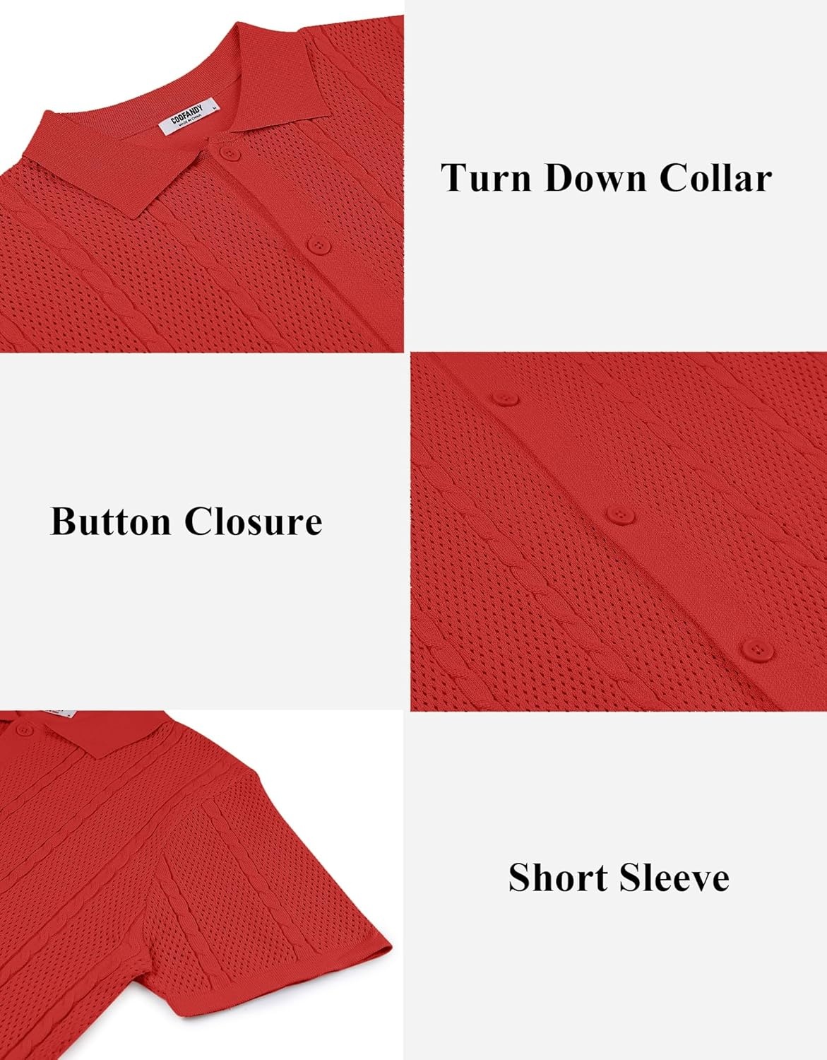 imageCOOFANDY Mens Knit Button Down Shirts Casual Textured Polo Shirt Short Sleeve Vintage Summer Beach TopsRed