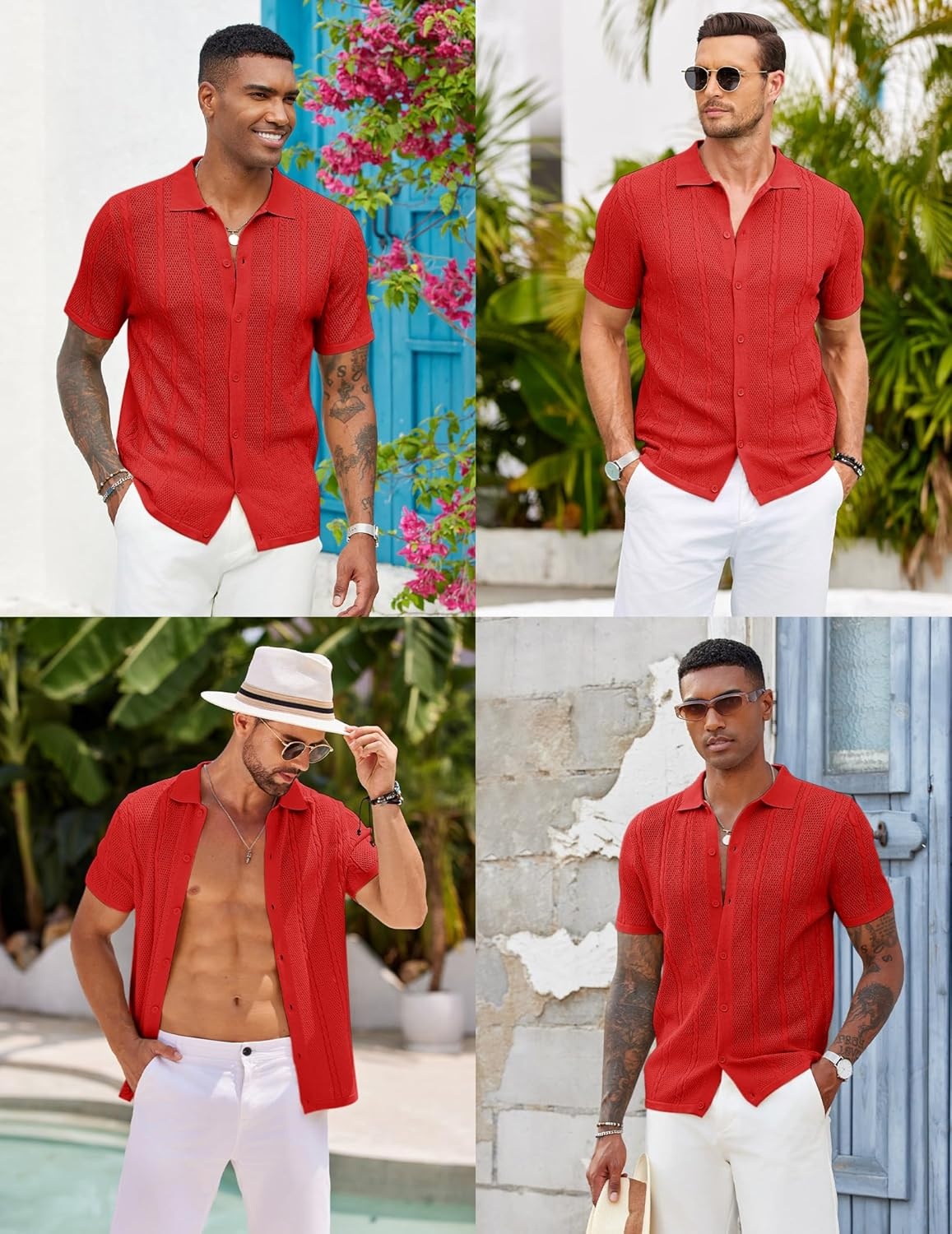 imageCOOFANDY Mens Knit Button Down Shirts Casual Textured Polo Shirt Short Sleeve Vintage Summer Beach TopsRed