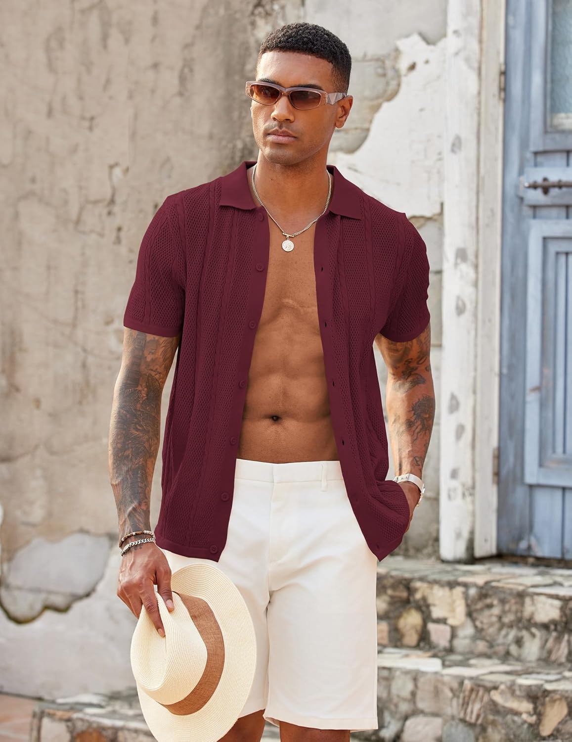 imageCOOFANDY Mens Knit Button Down Shirts Casual Textured Polo Shirt Short Sleeve Vintage Summer Beach TopsWine Red